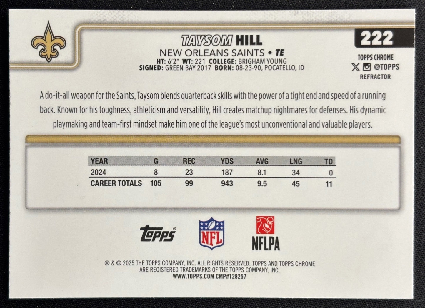 Taysom Hill 2025 Topps Chrome Refractor Saints Football