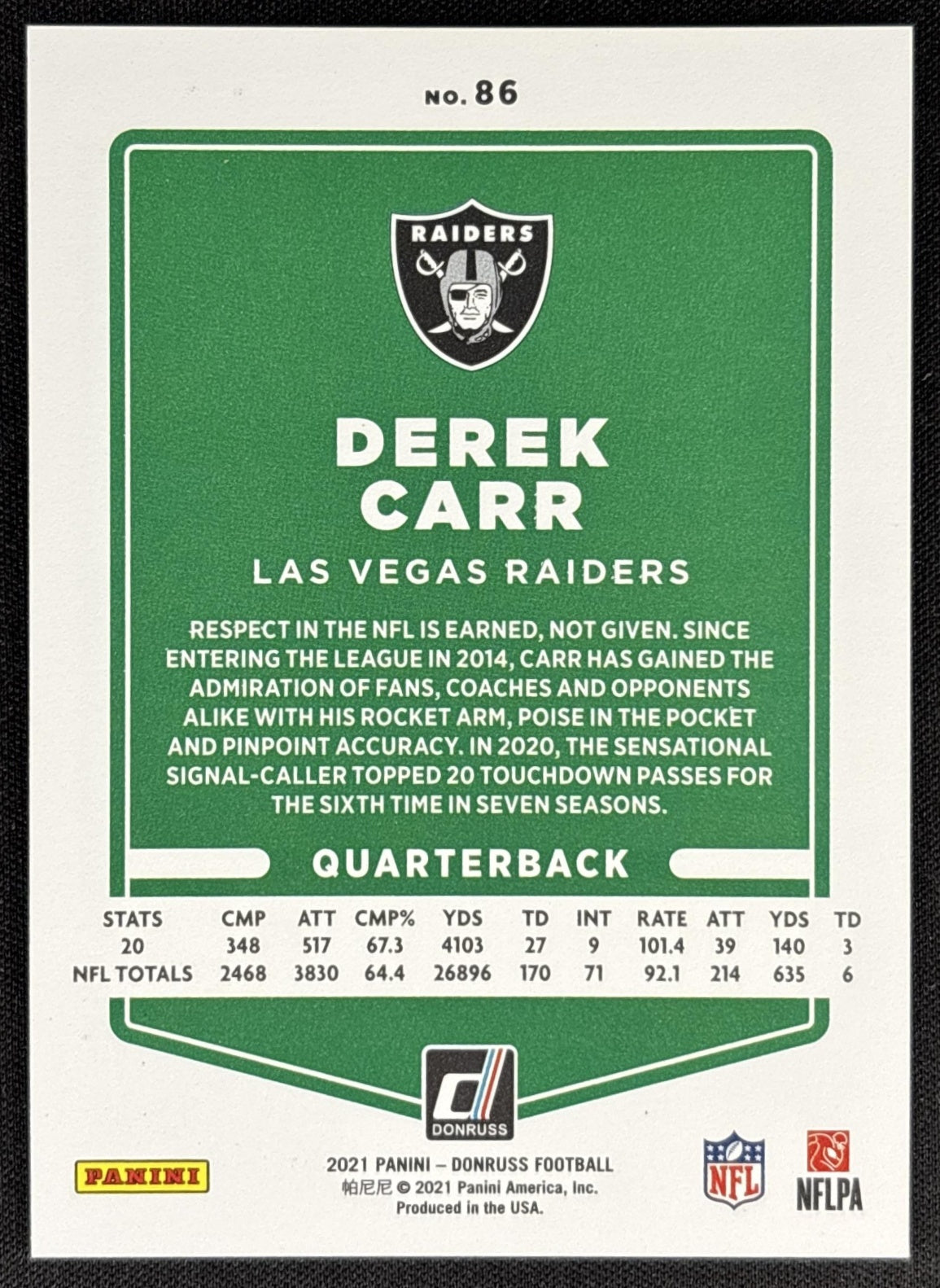 Derek Carr 2021 Panini Donruss Press Proof Premium Raiders