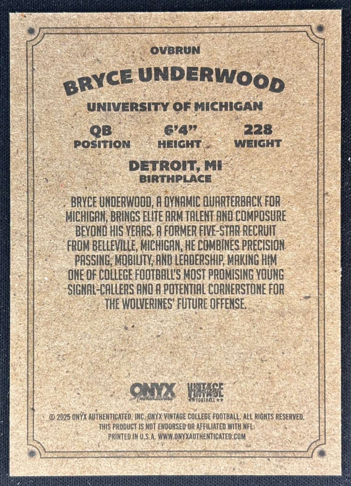 Bryce Underwood 2025 Onyx Vintage Sports Trading Cards