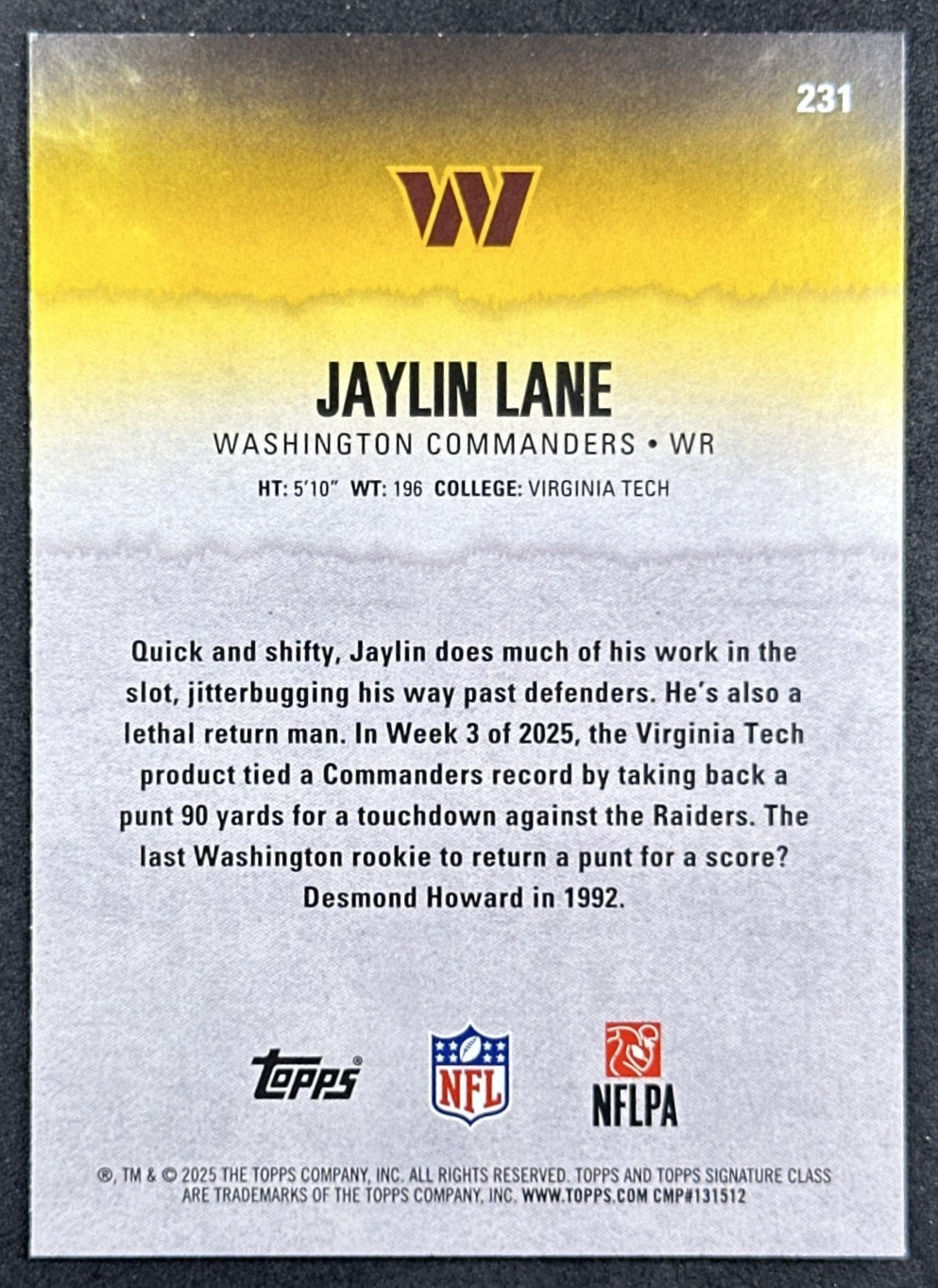 Jaylin Lane 2025 Topps Signature Class Rookie Blue & Yellow Foil Commanders