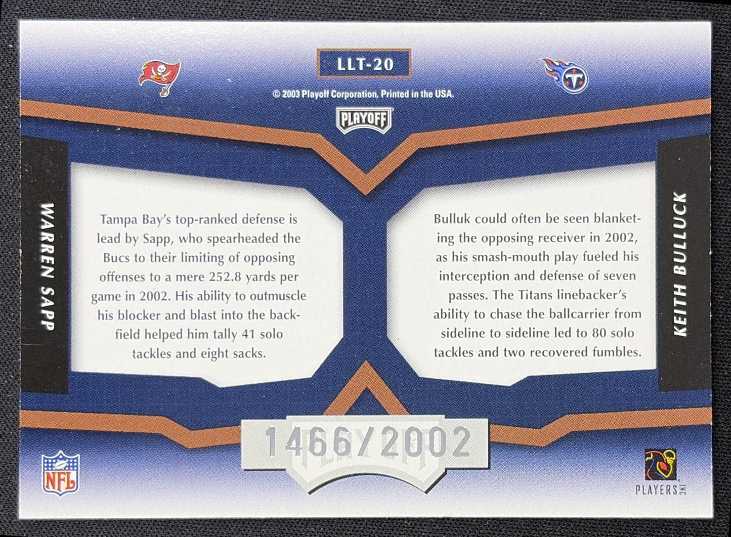 Warren Sapp Keith Bulluck 2003 Playoff Prestige League Leader Tandems /2002 Titans Buccaneers back