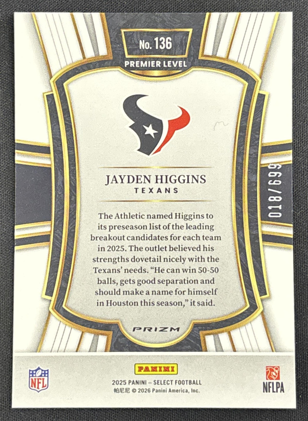 Jayden Higgins 2025 Panini Select Premier Level Purple Prizm Shock /699 Texans Sports Trading Card