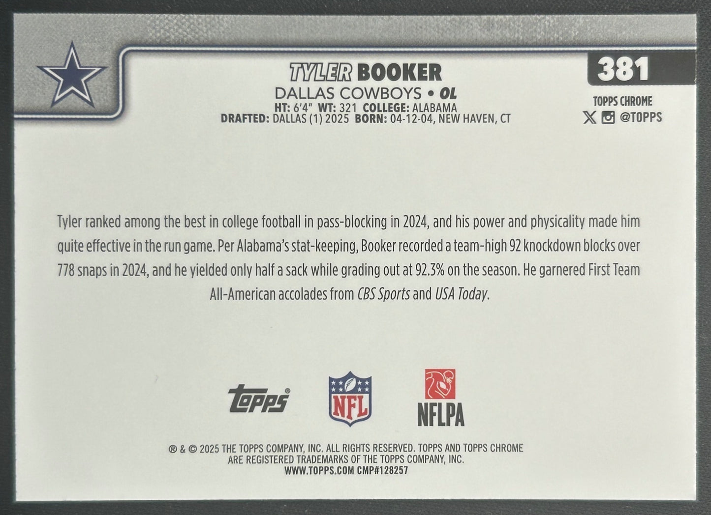 Tyler Booker 2025 Topps Chrome Rookie Red/White/Blue Refractor Cowboys Sports Trading Cards
