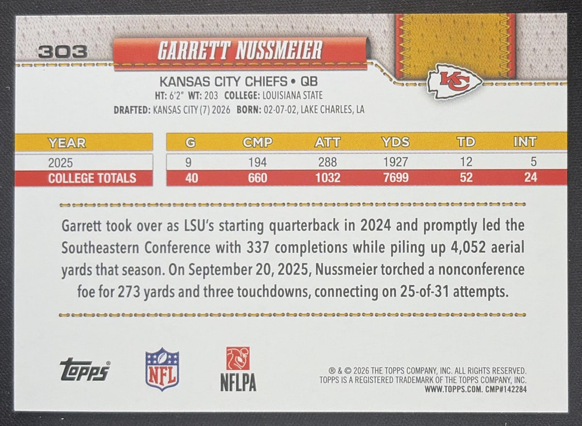 Garrett Nussmeier 2026 Topps Fanatics Foil Chiefs Sports Trading Card