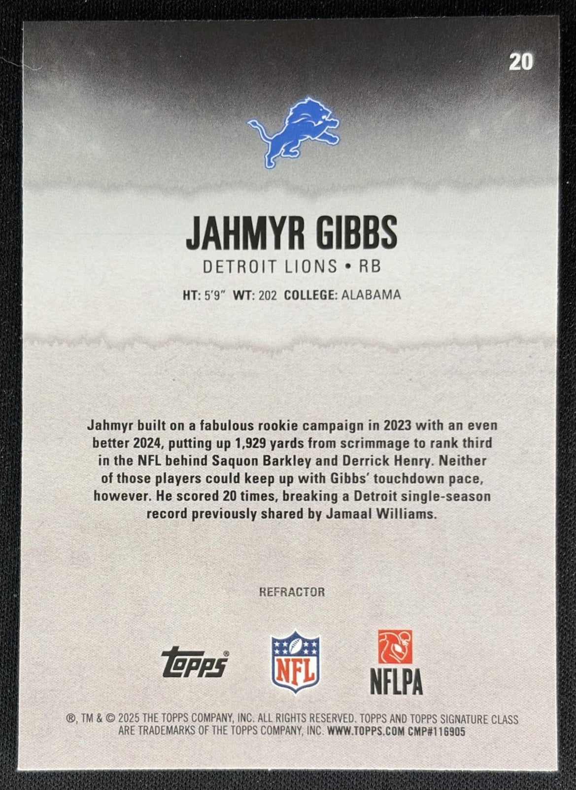 Jahmyr Gibbs 2025 Topps Signature Class Chrome Veteran White Refractor Lions back