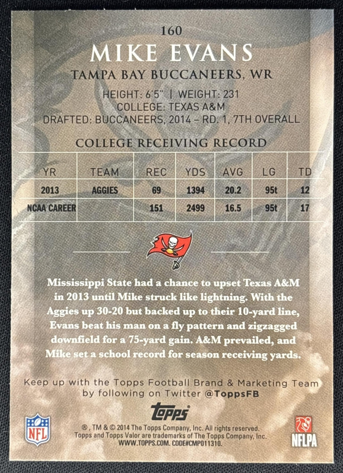 Mike Evans 2014 Topps Valor Buccaneers back