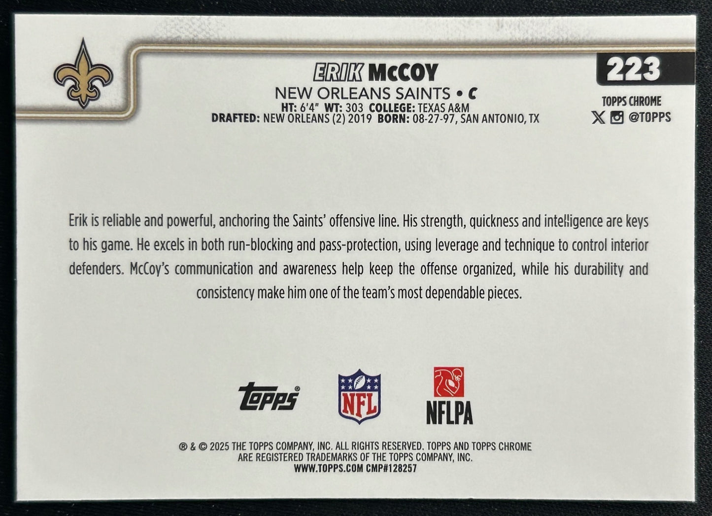 Erik McCoy 2025 Topps Chrome Saints Sports Trading Cards