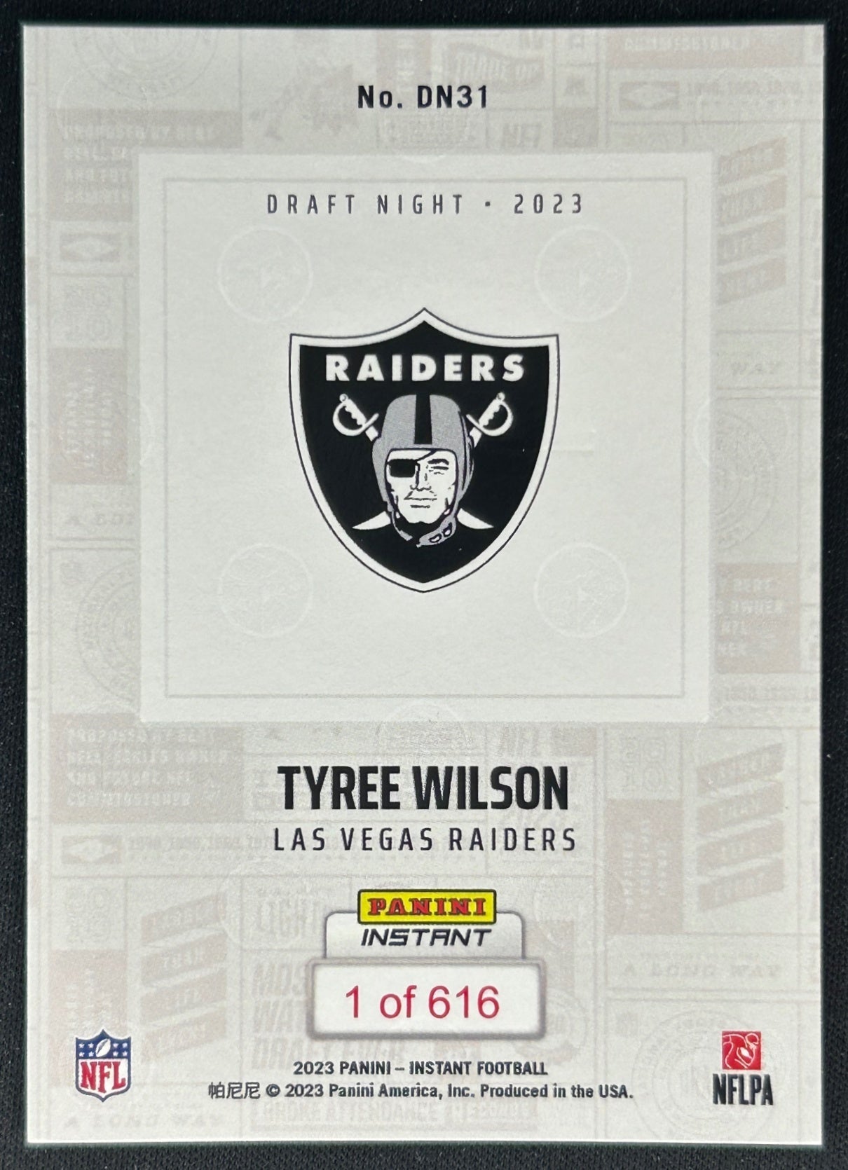 Tyree Wilson 2023 Panini Instant NFL Draft Night Raiders Sports Trading Cards