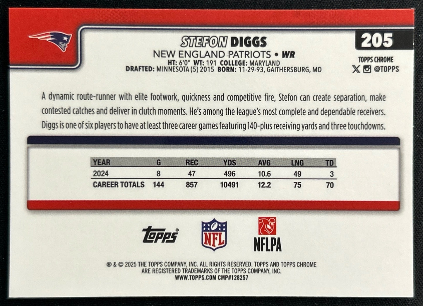 Stefon Diggs 2025 Topps Chrome Patriots Sports Trading Cards