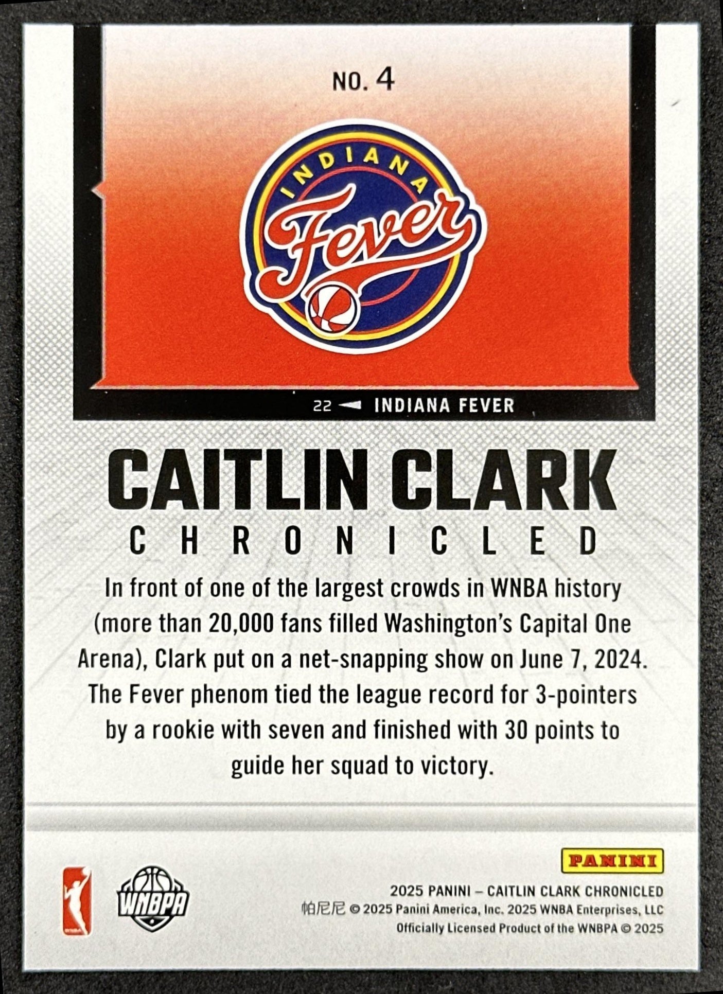 Caitlin Clark 2025 Panini Chronicled WNBA Holo Fever 4 Indiana Fever