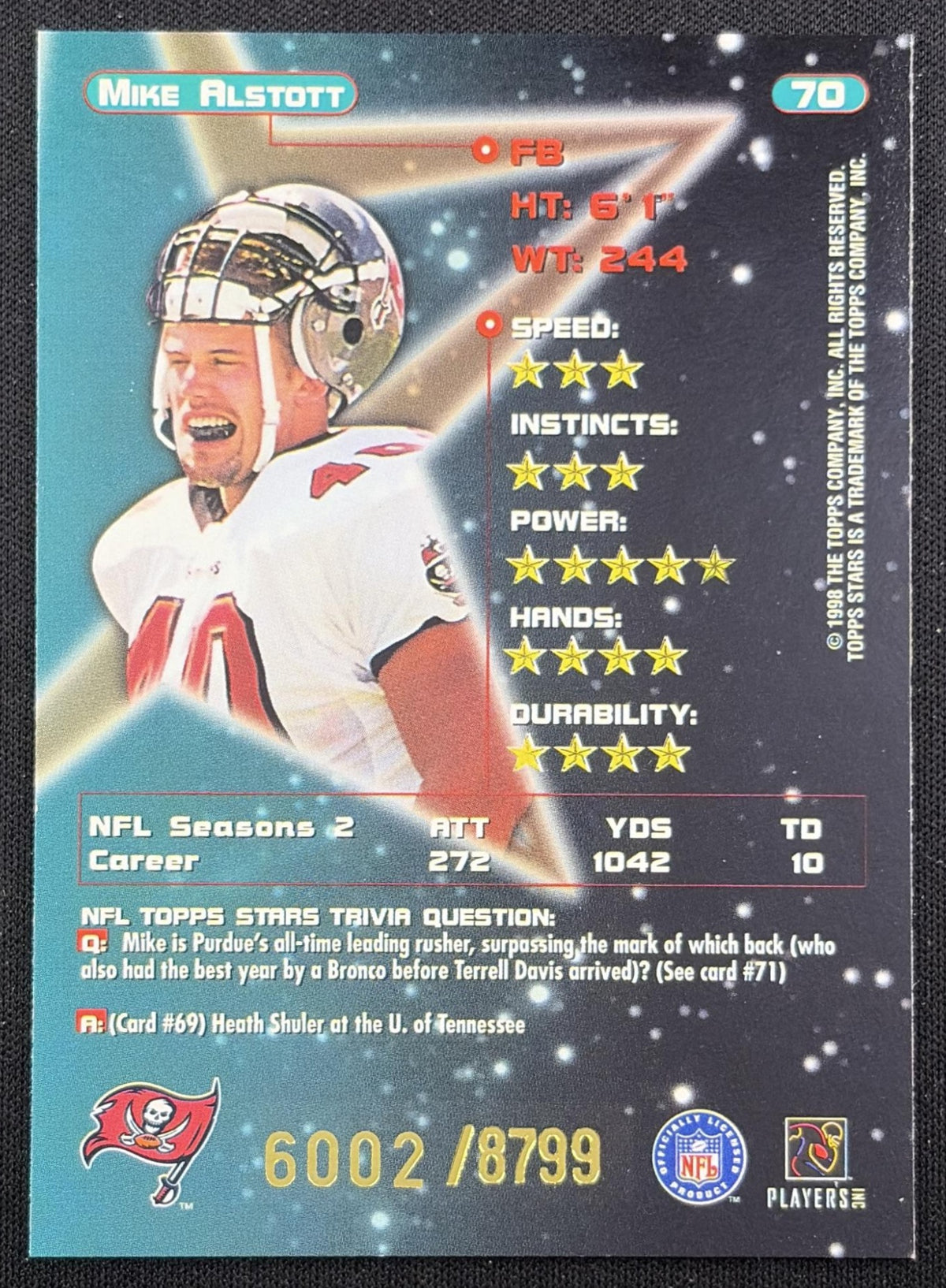 Mike Alstott 1998 Topps Stars Bronze Star /8799 Buccaneers back
