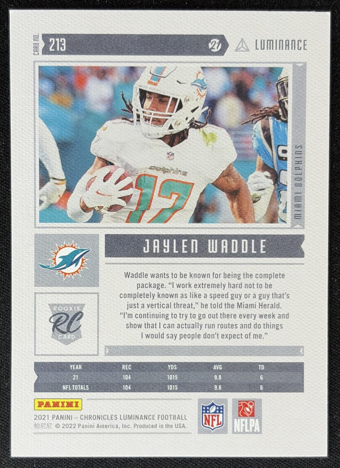 Jaylen Waddle 2021 Panini Chronicles Luminance Update Rookies Dolphins