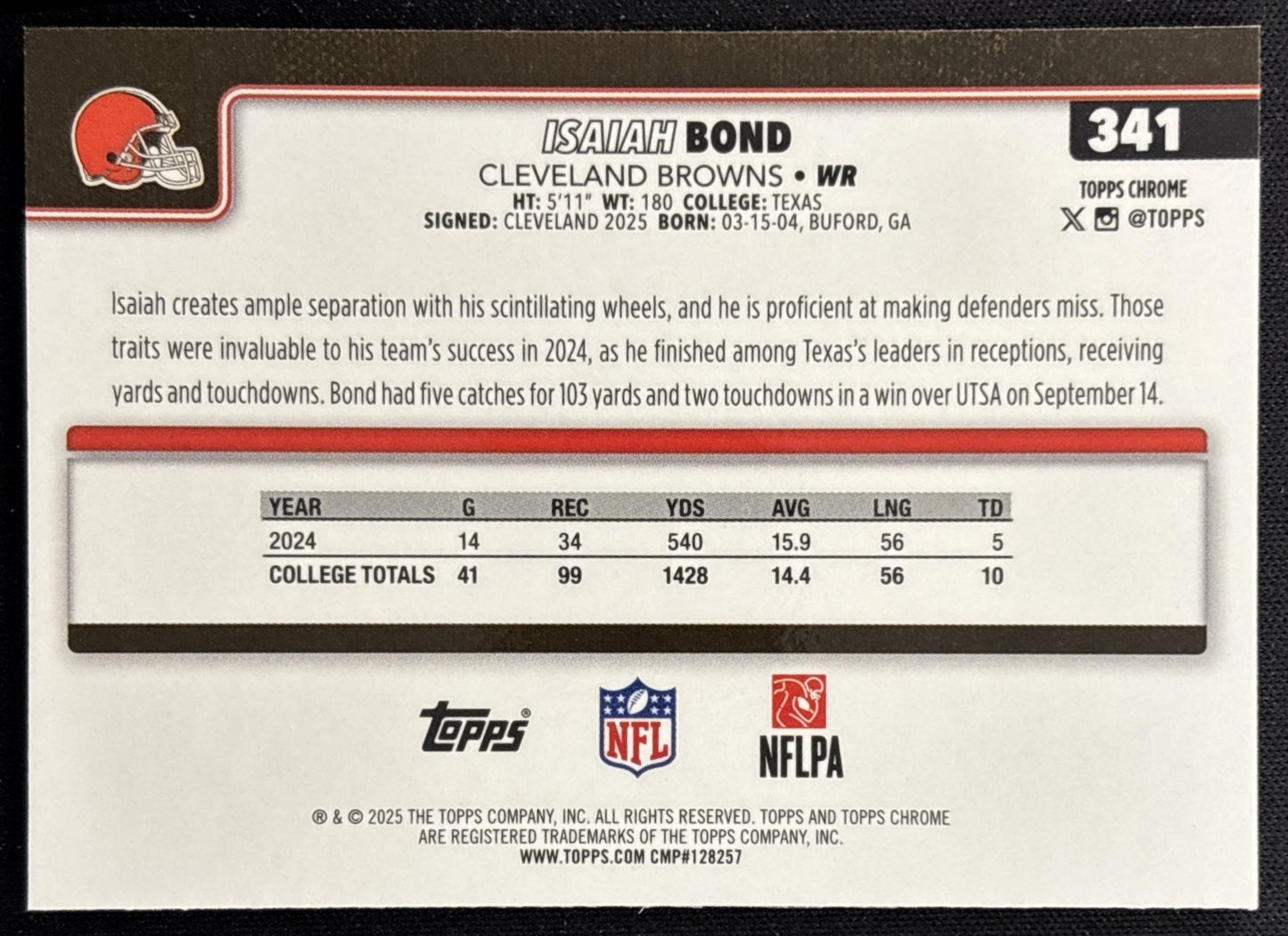Isaiah Bond 2025 Topps Chrome Rookie Aqua Wave Refractor /199 Browns Sports Trading Cards