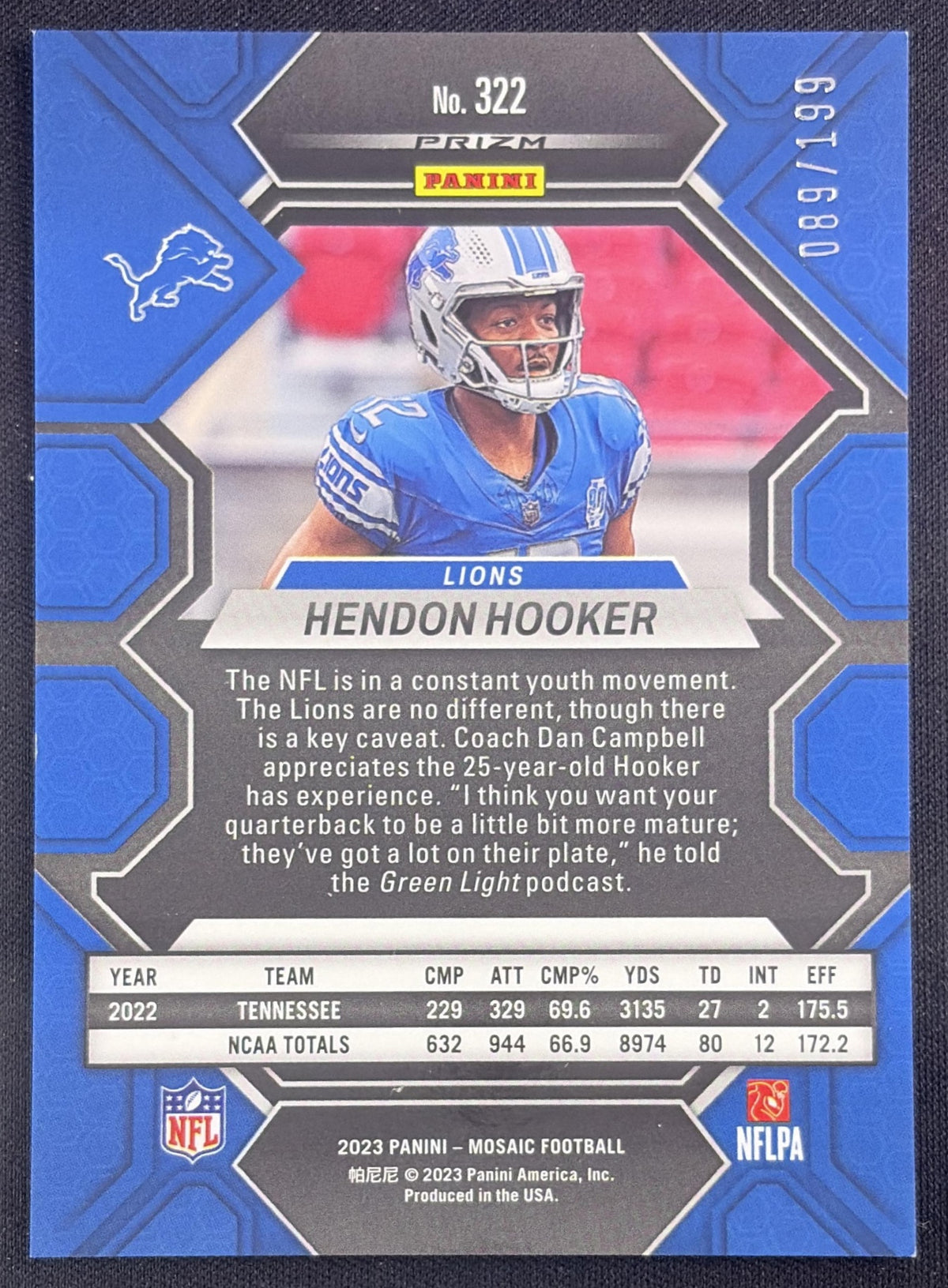 Hendon Hooker 2023 Panini Mosaic Orange Mosaic Prizm /199 Lions