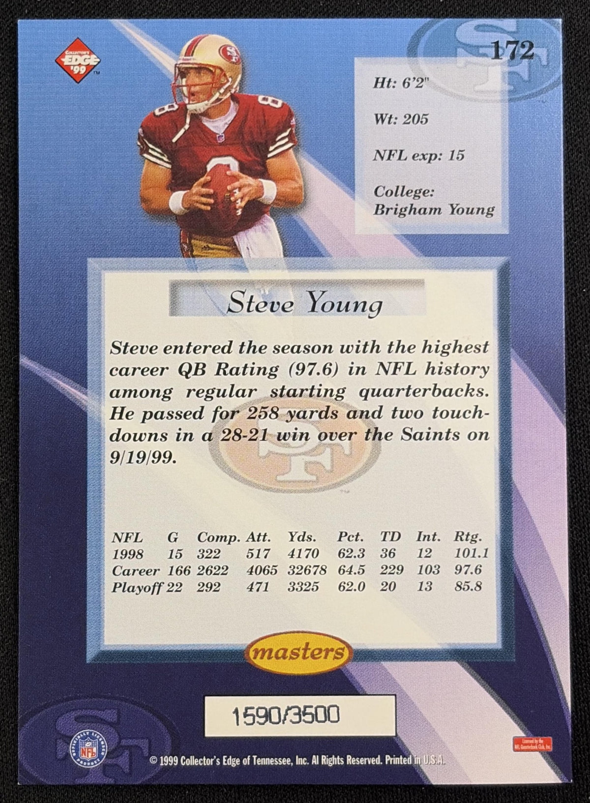 Steve Young 1999 Collector's Edge Masters HoloSilver /3500 49ers - Back