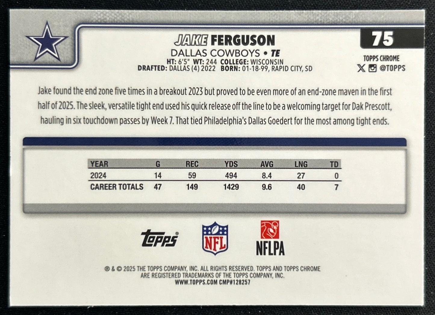 Jake Ferguson 2025 Topps Chrome Cowboys Sports Trading Cards