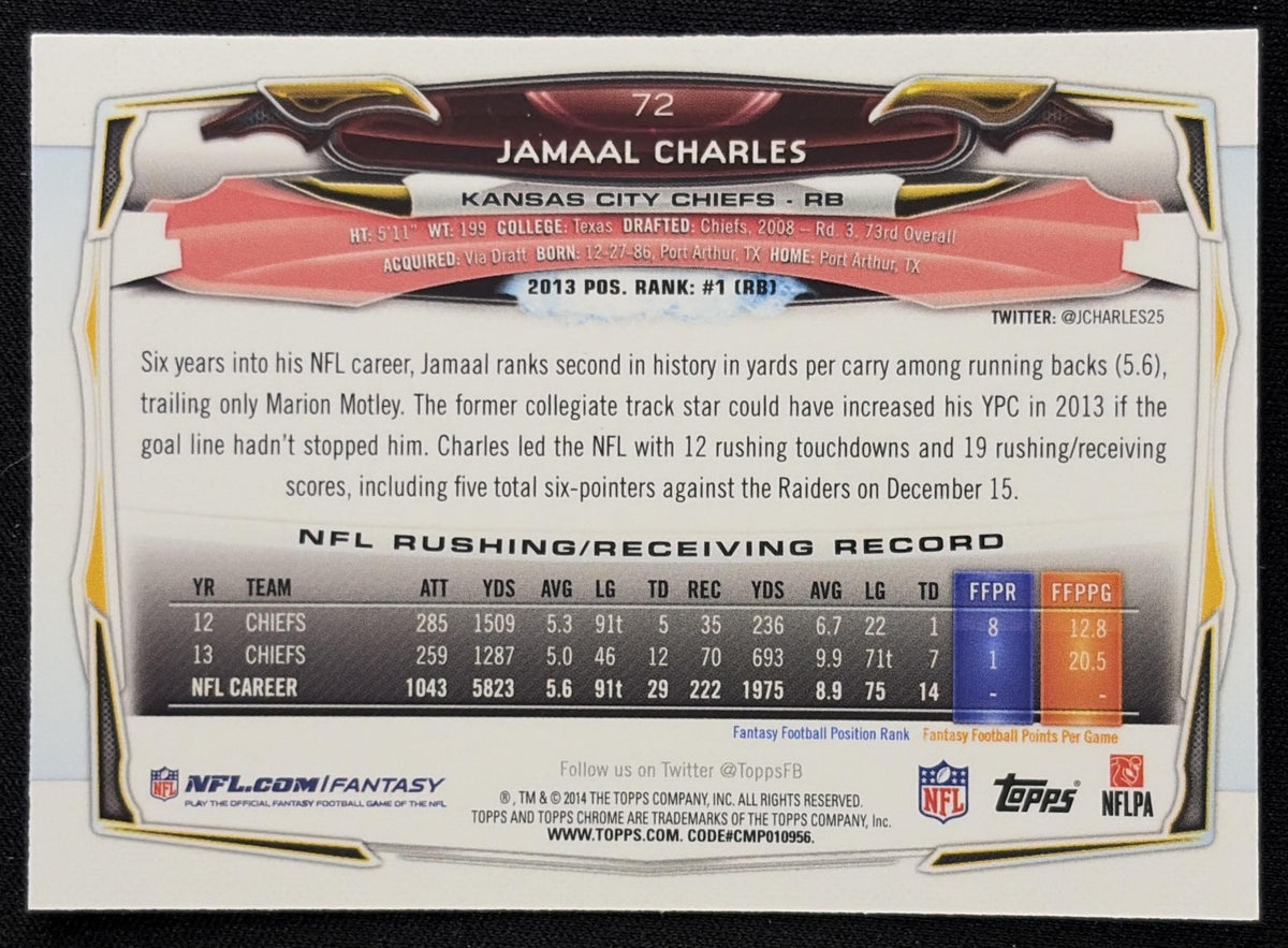 Jamaal Charles 2014 Topps Chrome Blue Wave Refractor Chiefs - Back