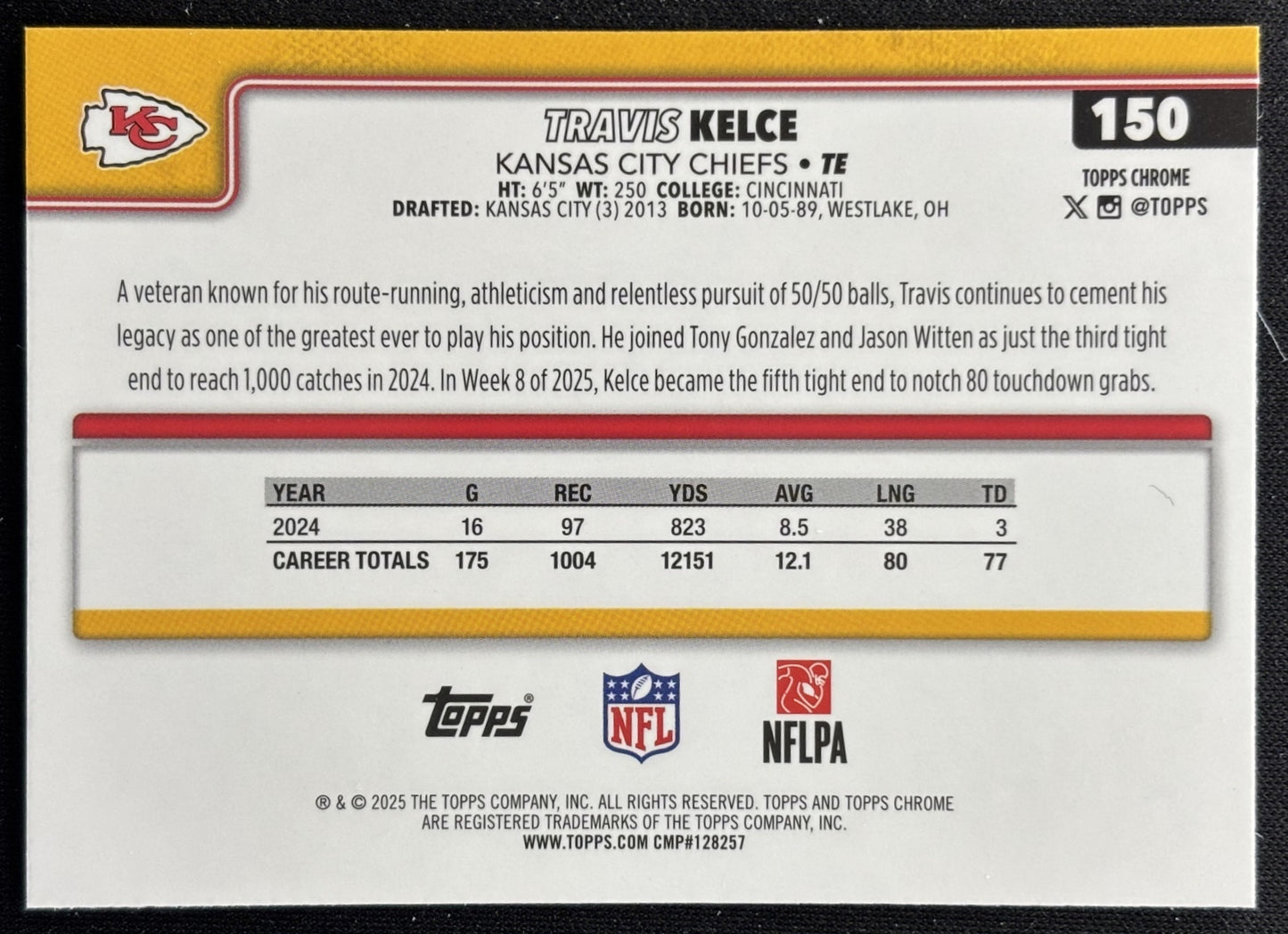 Travis Kelce 2025 Topps Chrome RayWave Refractor Chiefs Sports Trading Cards