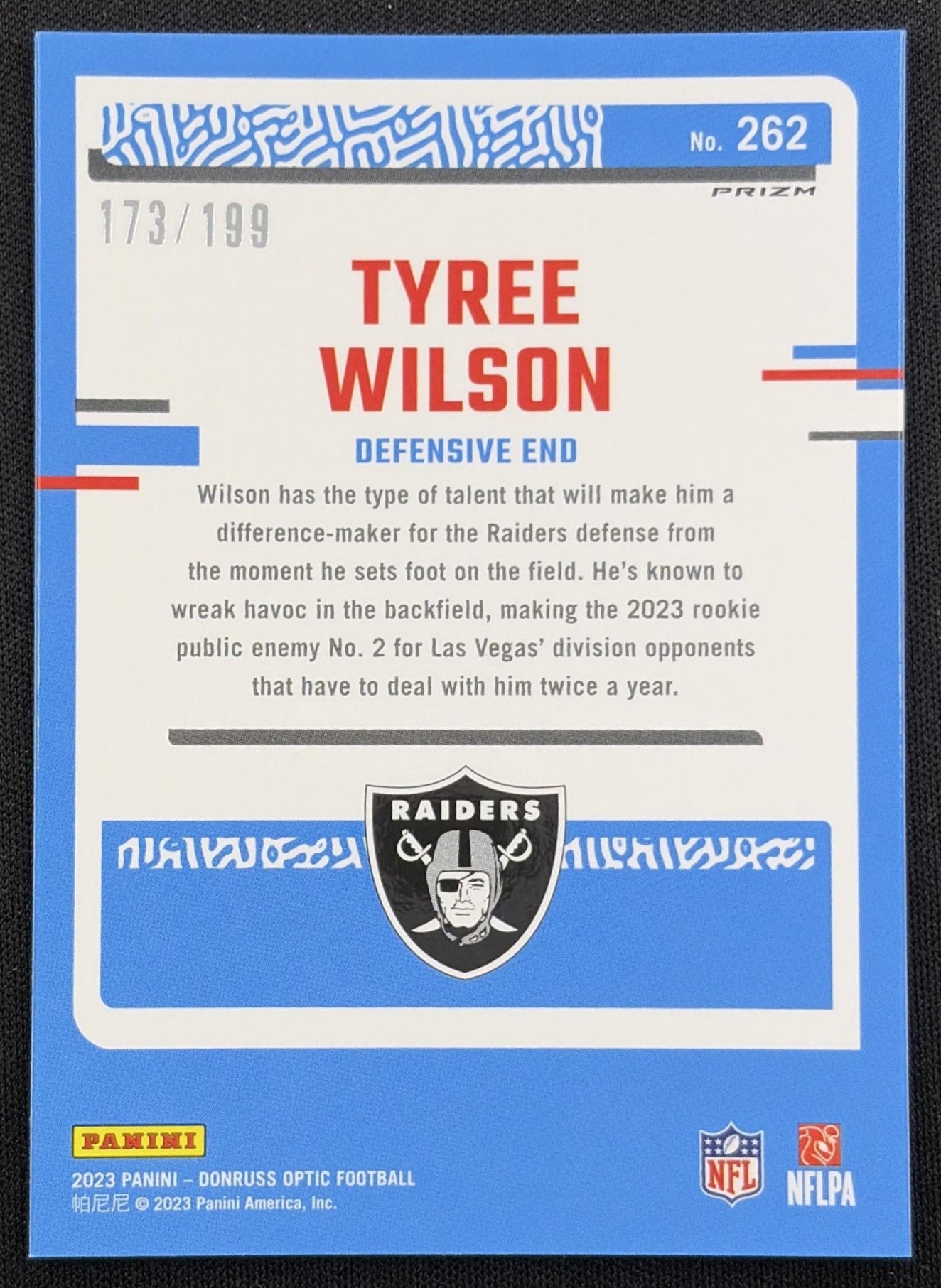 Tyree Wilson 2023 Panini Donruss Optic Blue Prizm /199 Raiders