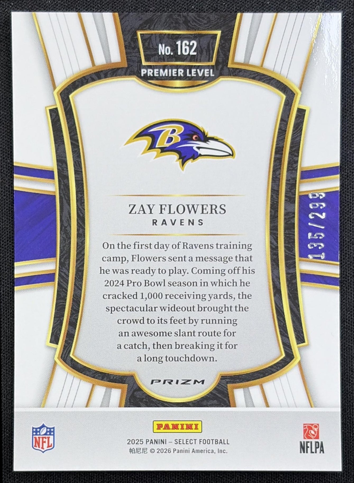 Zay Flowers 2025 Panini Select Premier Level Tri-Color Prizm /299 Ravens back