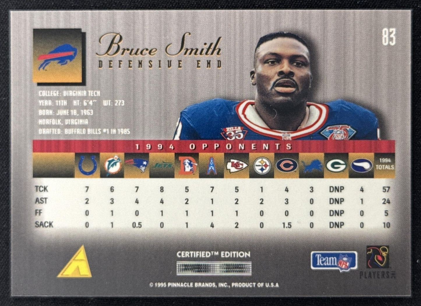 Bruce Smith 1995 Pinnacle Select Certified Bills Sports Trading Card