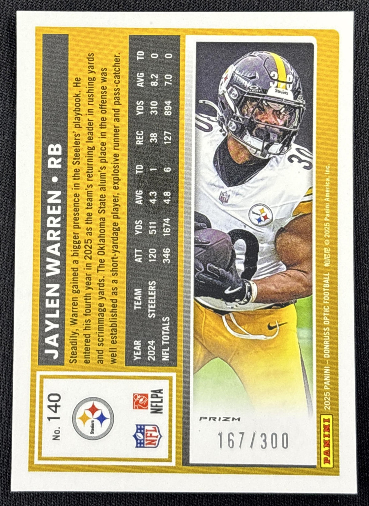 Jaylen Warren 2025 Panini Donruss Optic Wave Prizm /300 Steelers