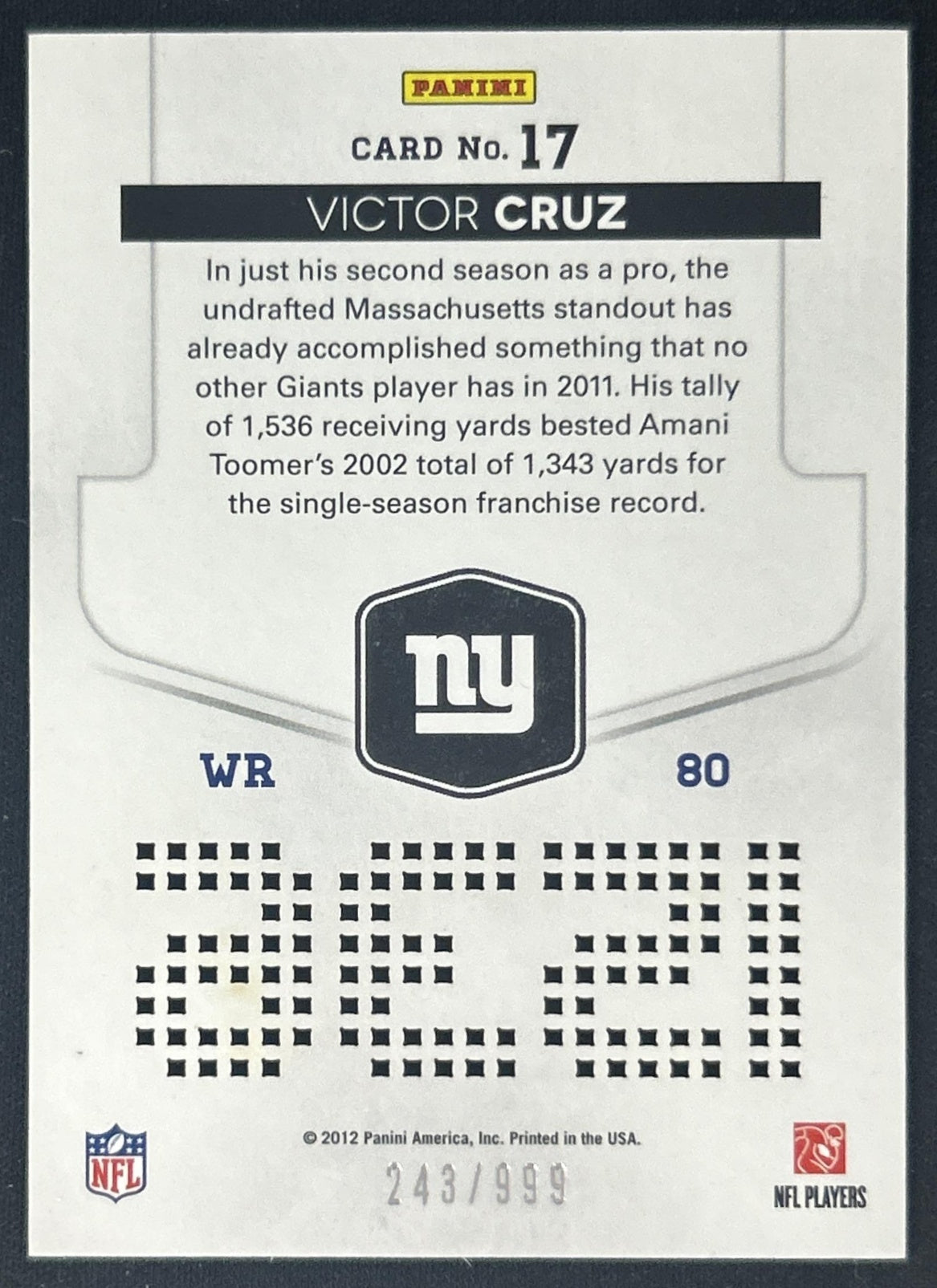 Victor Cruz 2012 Panini Elite Prime Numbers Silver /999 Giants back
