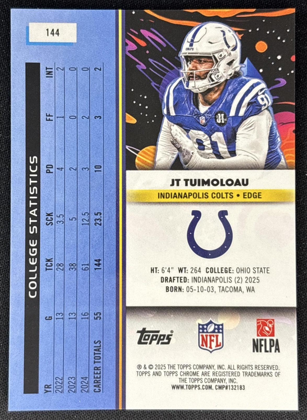 JT Tuimoloau 2025 Topps Cosmic Chrome Purple Nebula Refractor /150 Colts Back