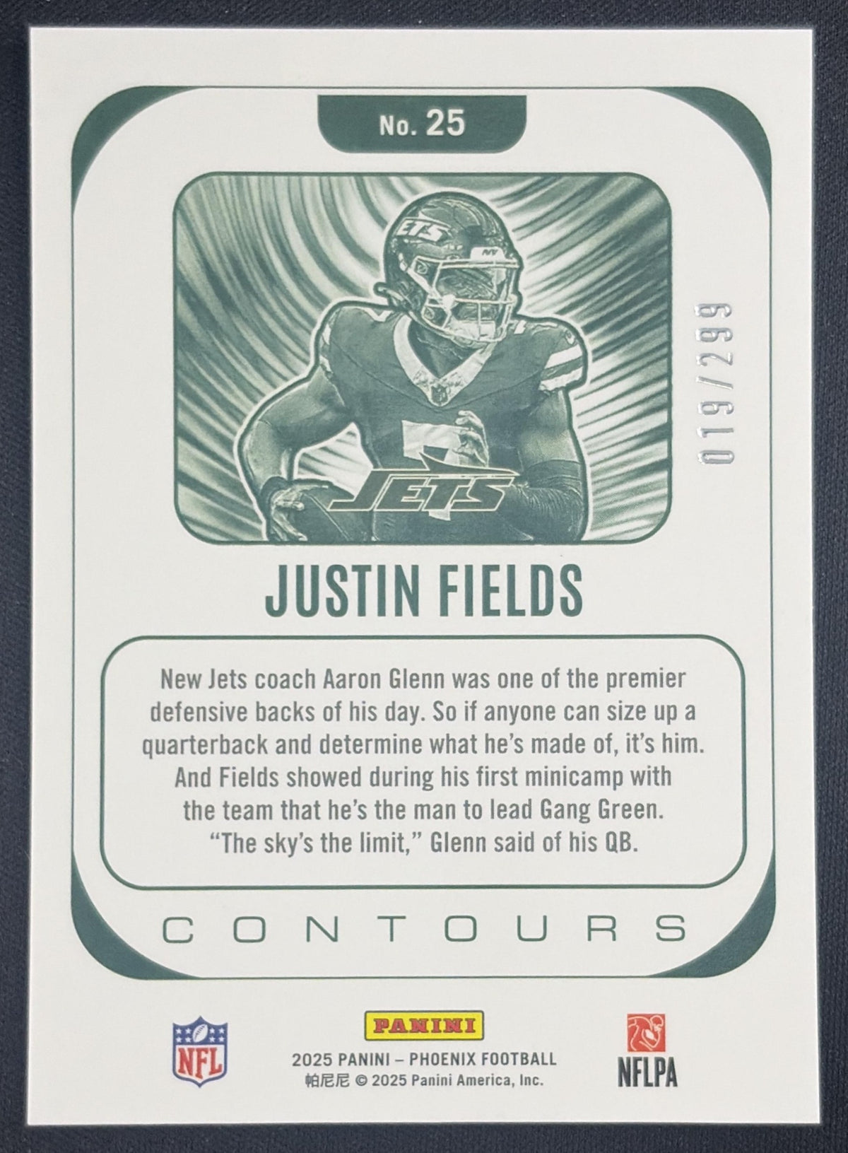 Justin Fields 2025 Panini Phoenix Contours Wave Prizm /299 Jets Sports Trading Card