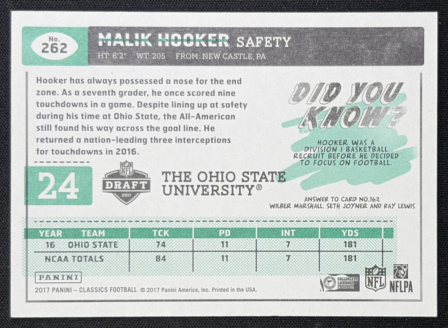 Malik Hooker 2017 Panini Classics Timeless Tributes Gold /99 Buckeyes