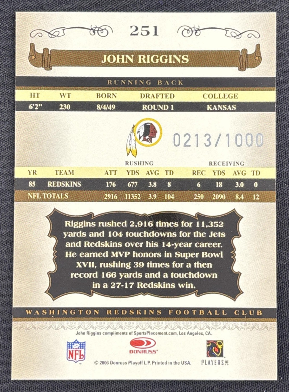 John Riggins 2006 Donruss Classics /1000 Redskins