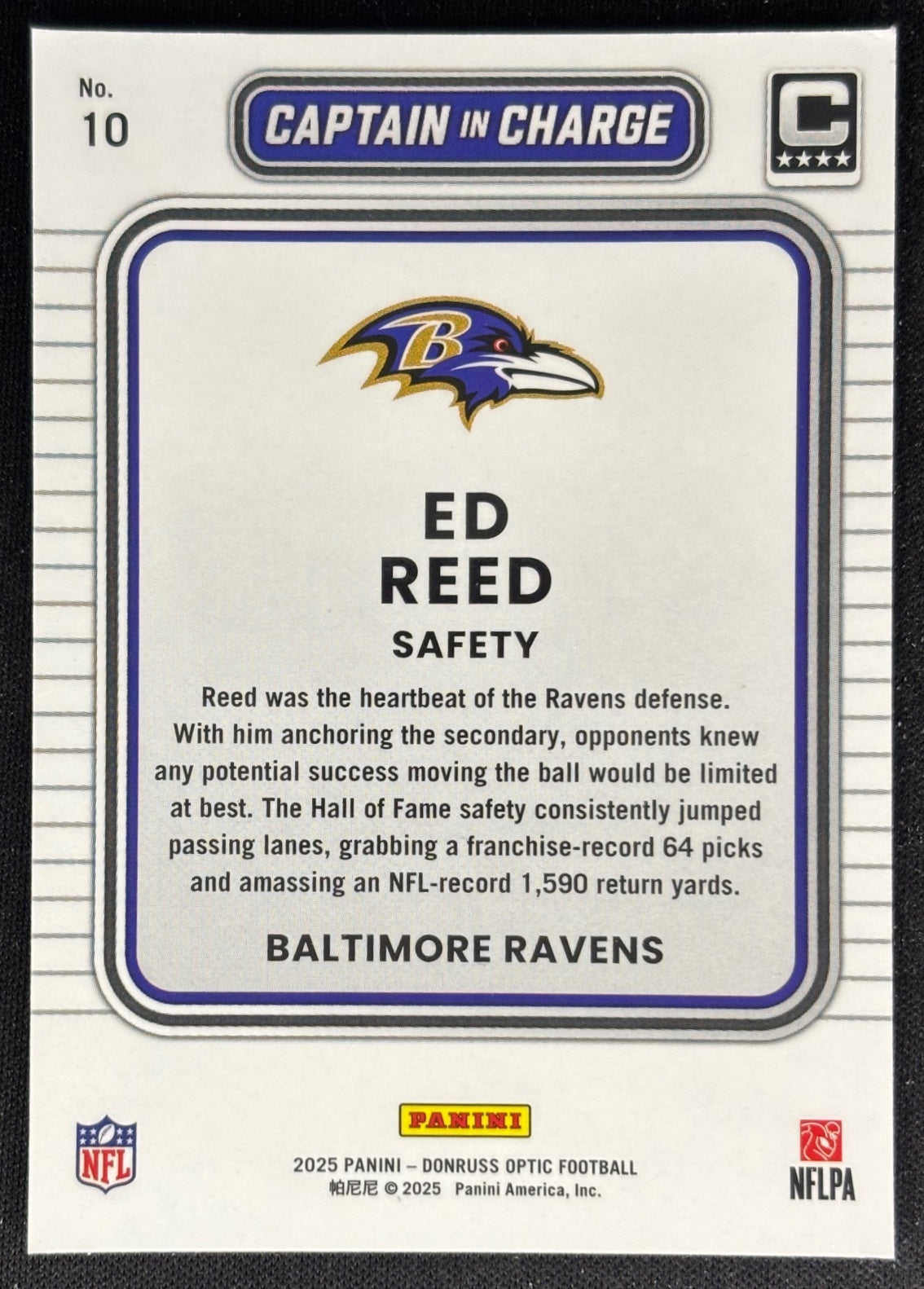 Ed Reed 2025 Panini Donruss Optic Captain in Charge Ravens