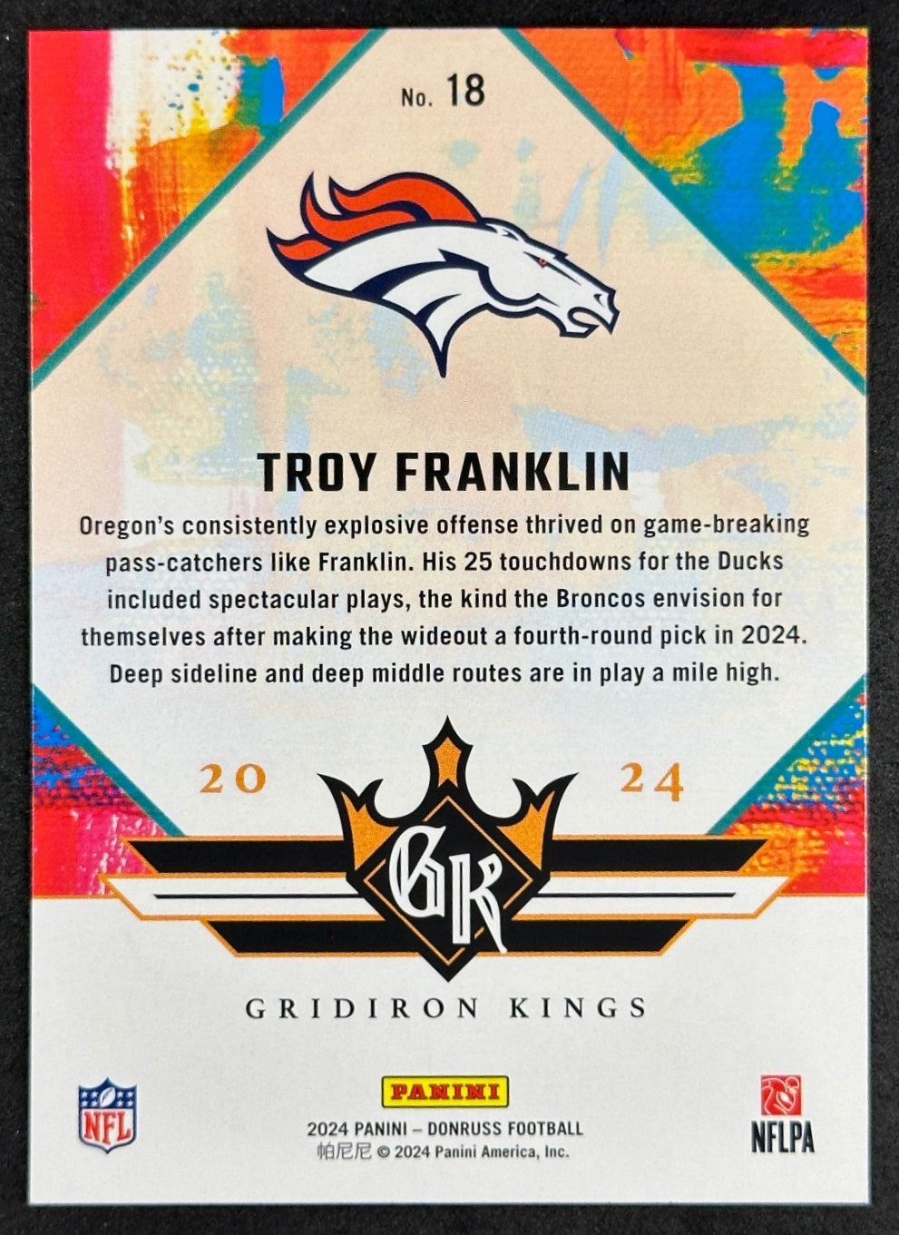 Troy Franklin 2024 Donruss Rookie Gridiron Kings Broncos Sports Trading Card