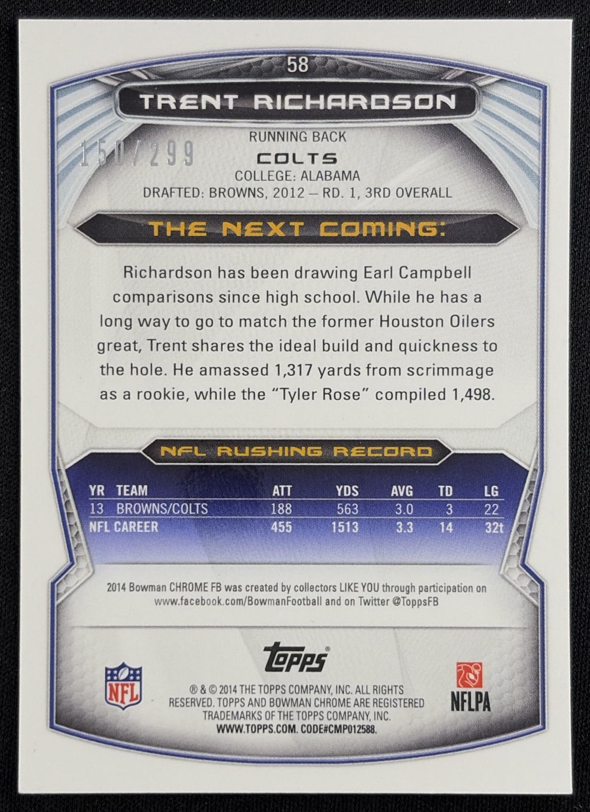 Trent Richardson 2014 Bowman Chrome Black Refractor /299 Colts