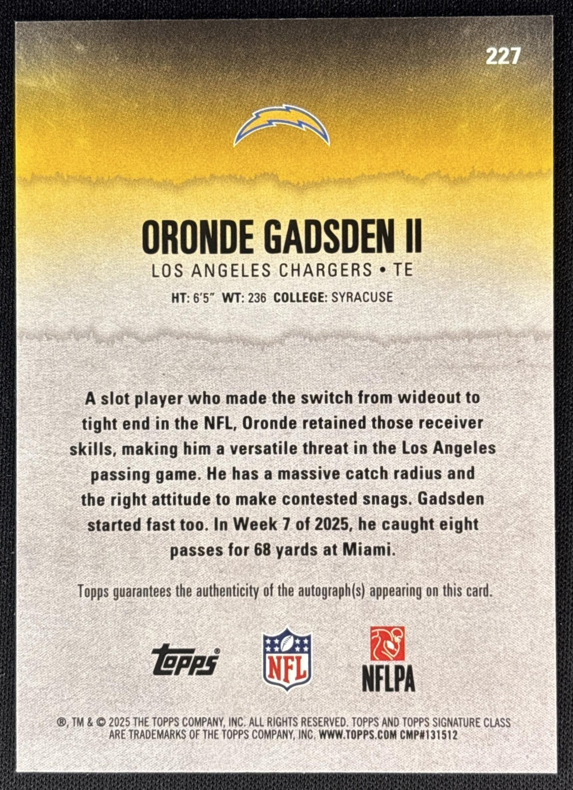 Oronde Gadsden II 2025 Topps Signature Class Rookie Auto Teal Foil /225 Chargers back