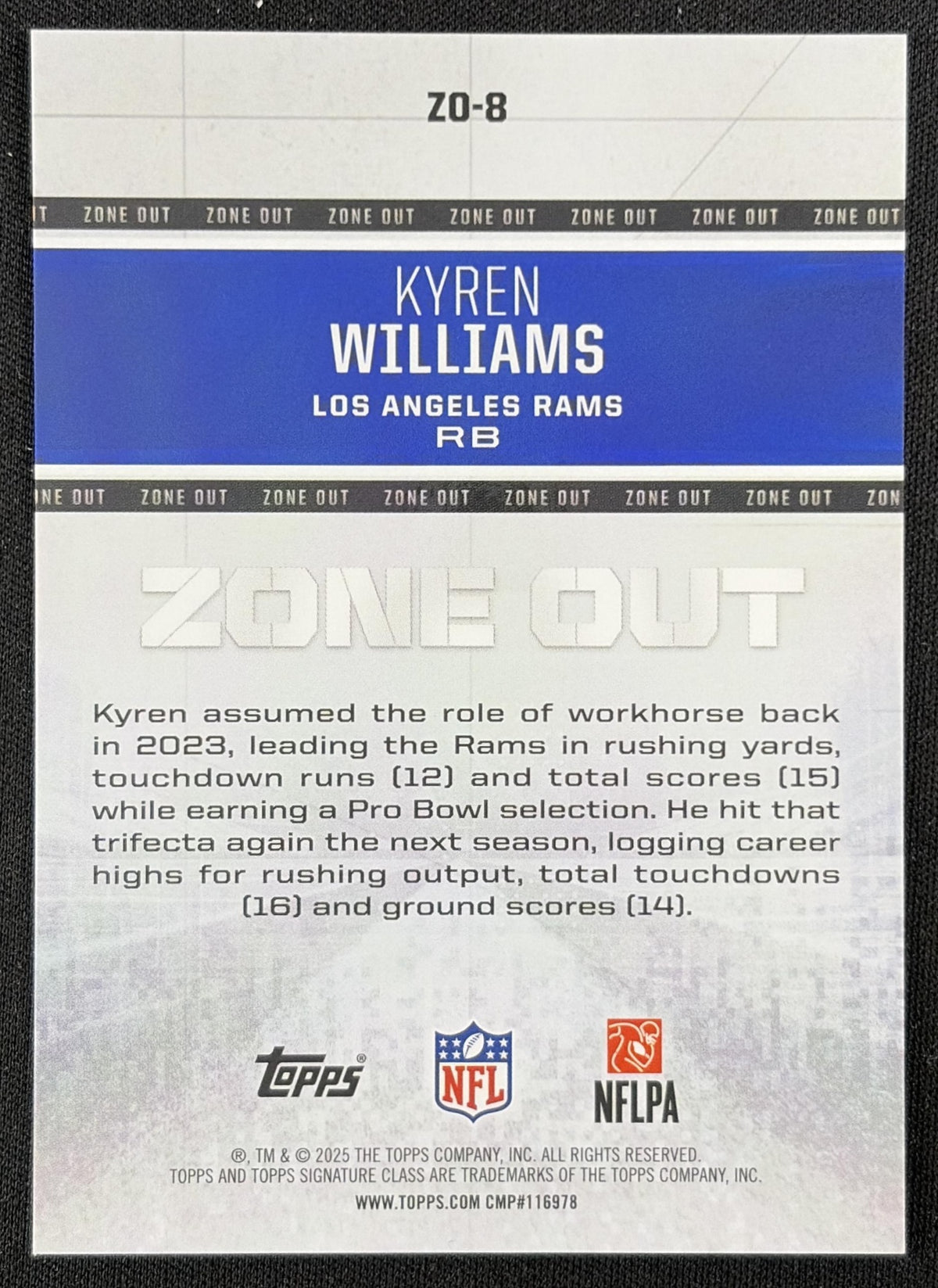 Kyren Williams 2025 Topps Signature Class Zone Out Black /10 Rams