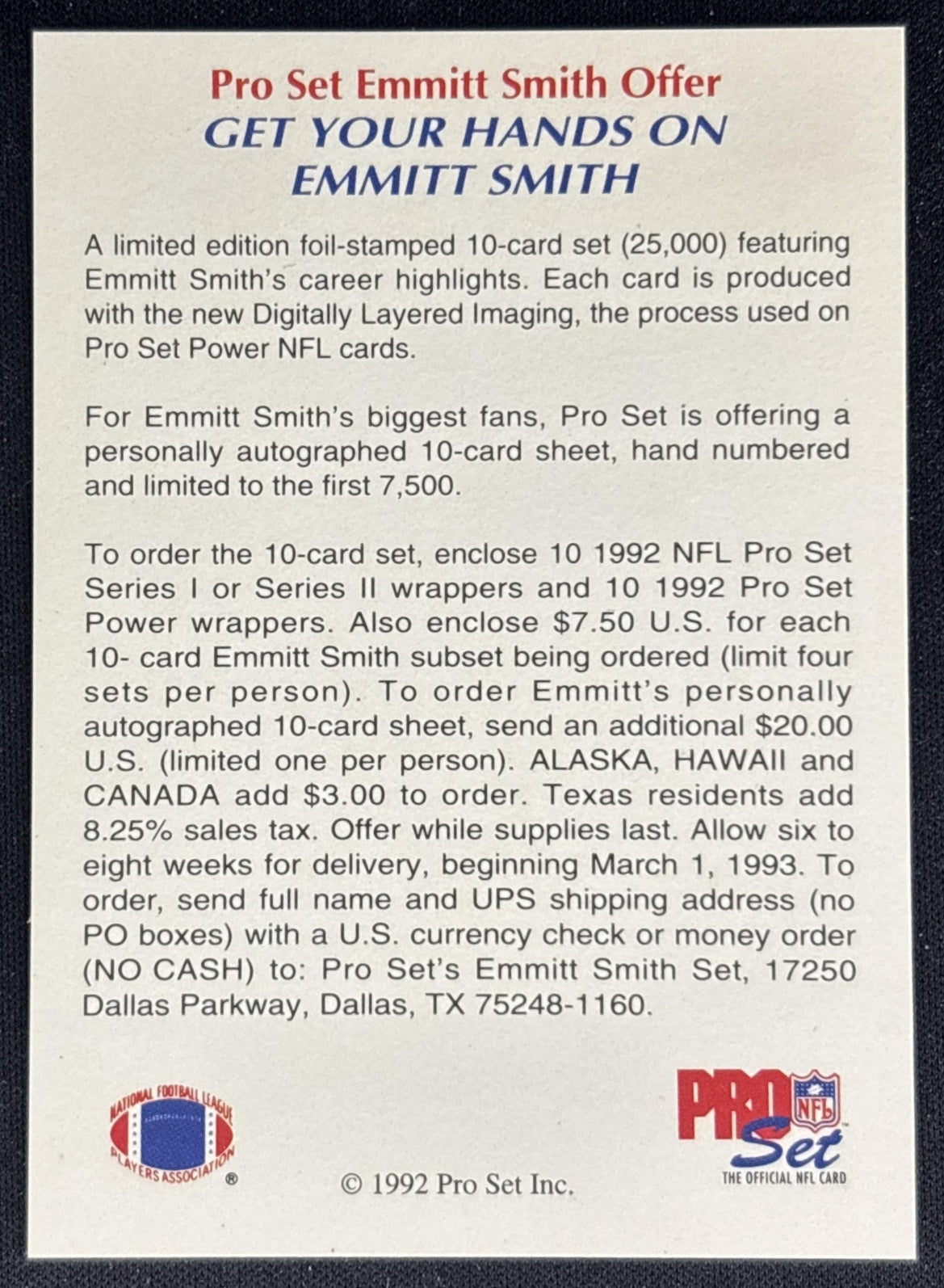 Emmitt Smith 1992 Pro Set Power Offer Cowboys back