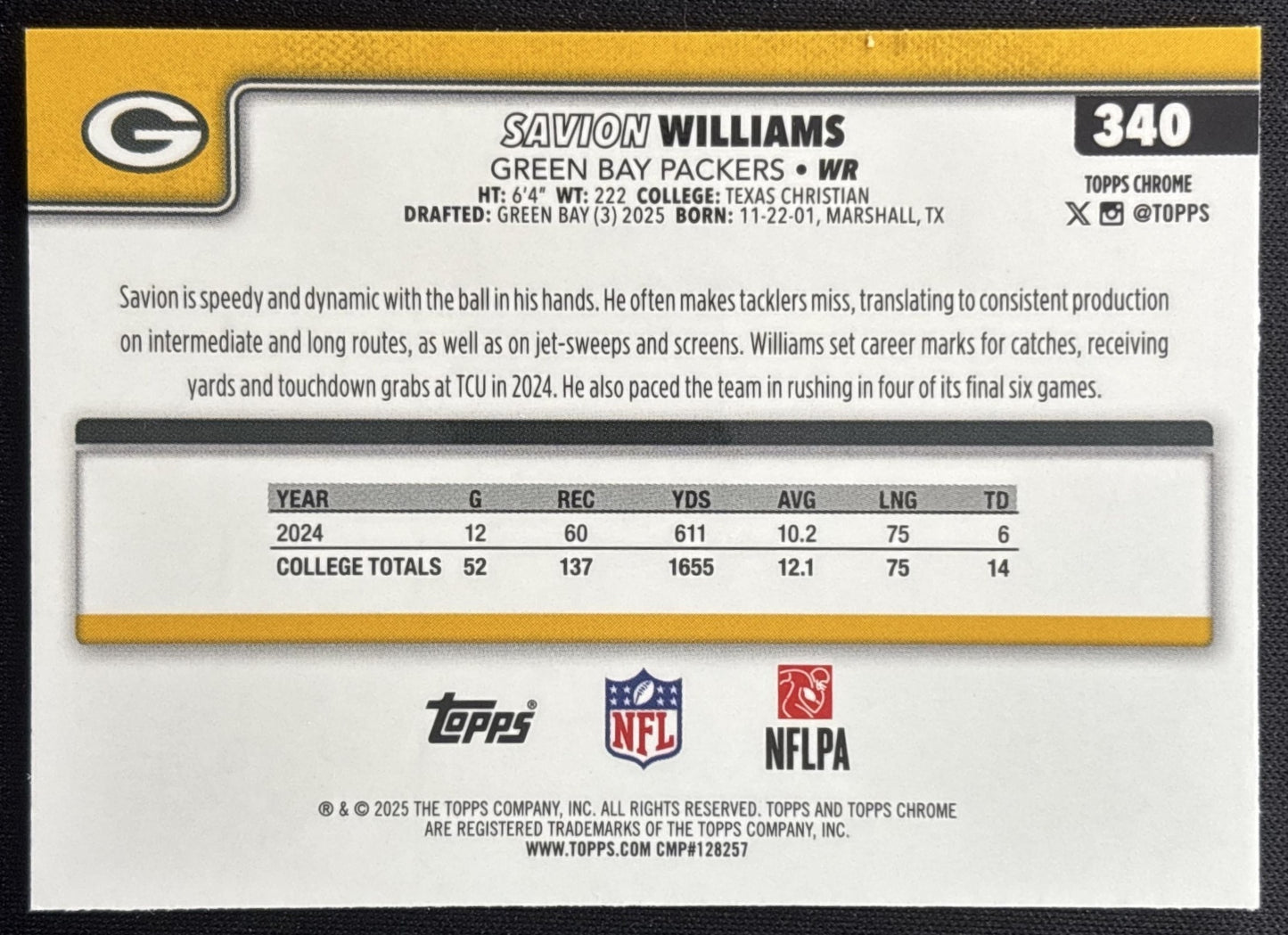 Savion Williams 2025 Topps Chrome Rookie Pink Wave Refractor /250 Packers Sports Trading Card