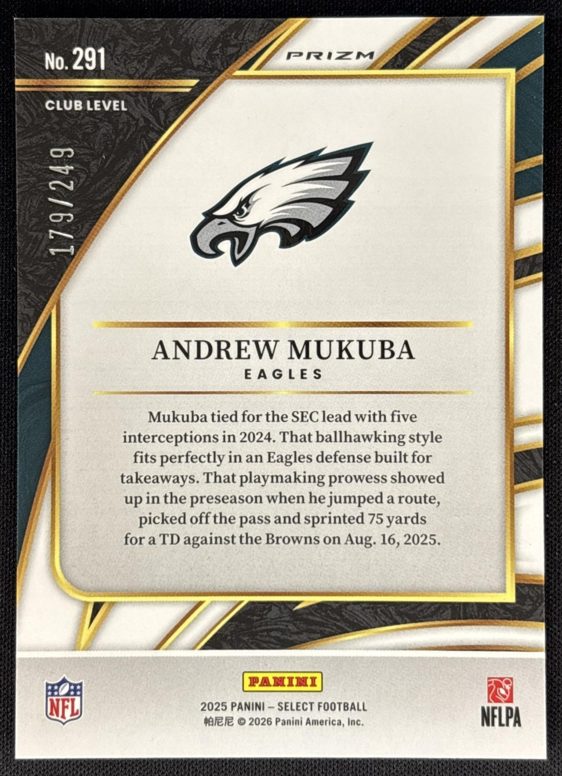 Andrew Mukuba 2025 Panini Select Club Level Tri-Color Prizm /249 Eagles Sports Trading Card