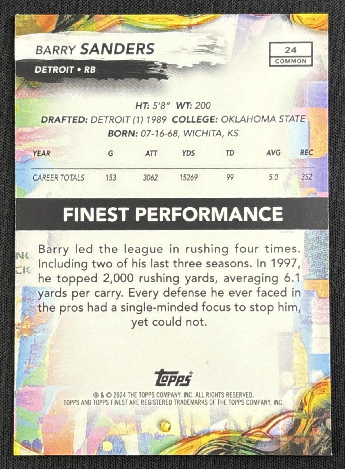 Barry Sanders 2024 Topps Finest Purple Refractor /250 Lions
