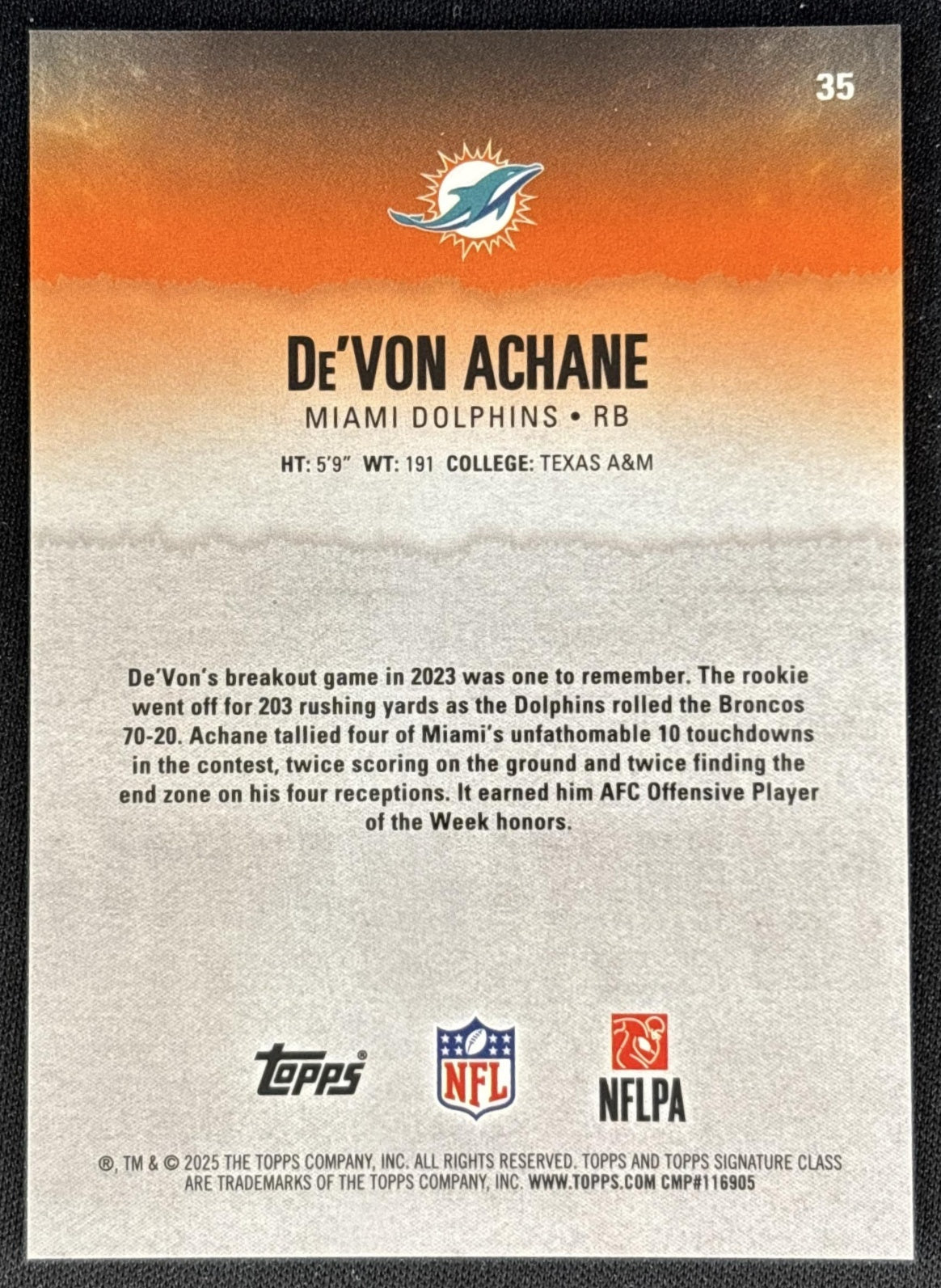 De'Von Achane 2025 Signature Class Chrome Veteran Teal Refractor /225 Dolphins back