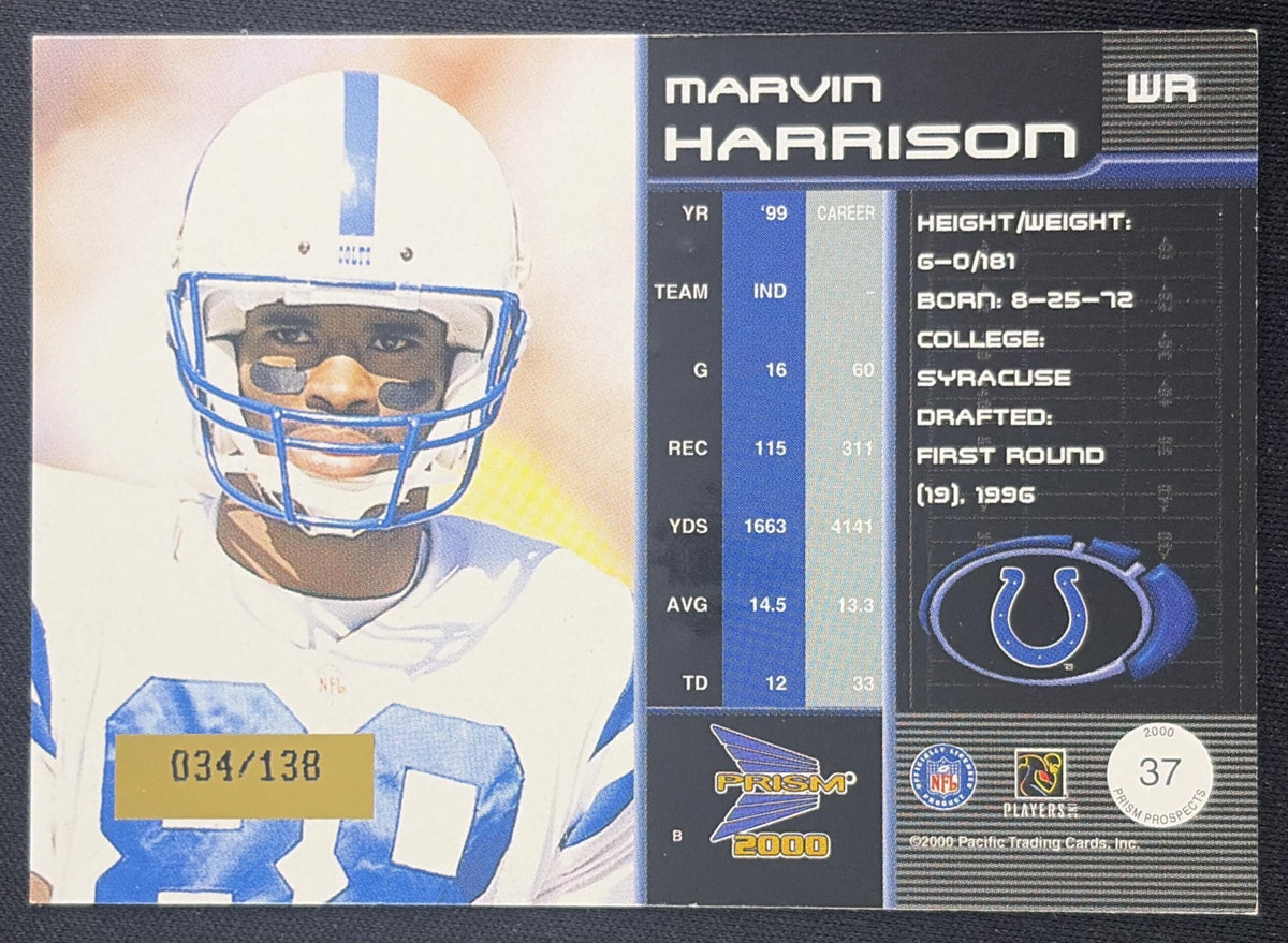Marvin Harrison 2000 Pacific Prism Prospects Holographic Blue /100 Colts Sports Trading Card