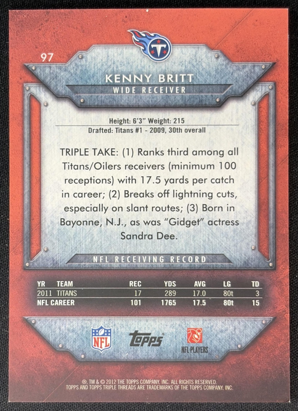 Kenny Britt 2012 Topps Triple Threads /989 Titans back
