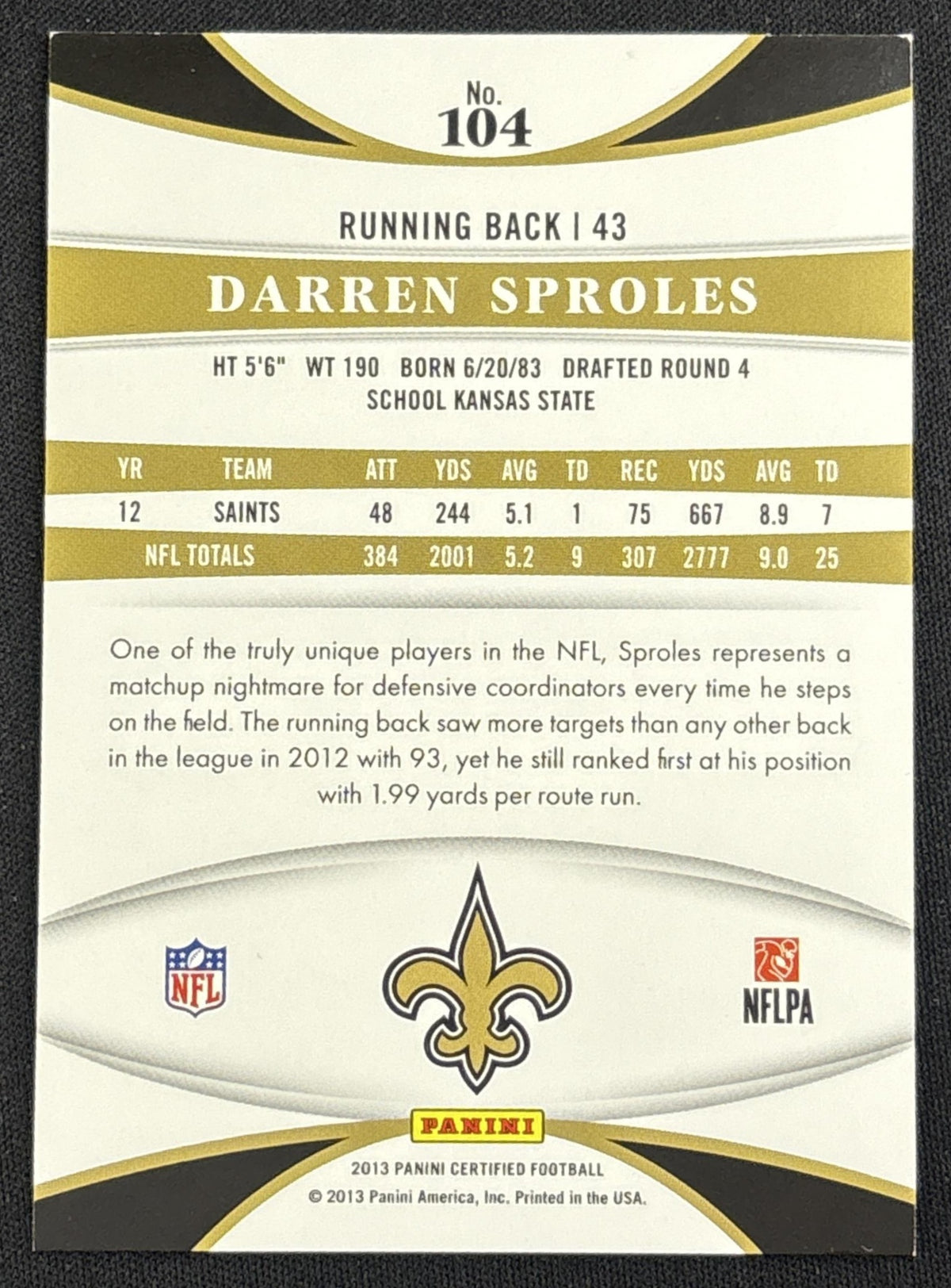 Darren Sproles 2013 Panini Certified Mirror Red /250 Saints Sports Trading Card