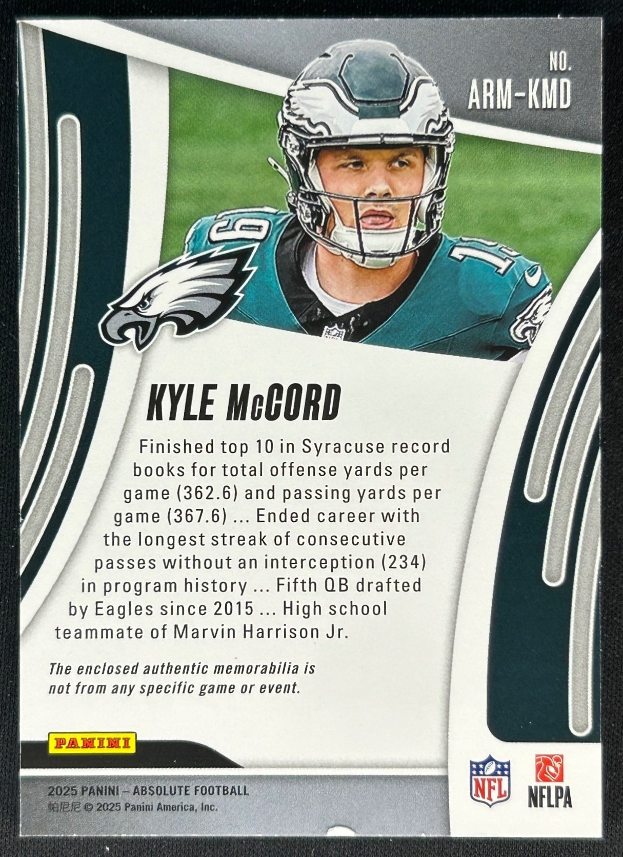 Kyle McCord 2025 Absolute Rookie Materials Holo Silver /49 Eagles