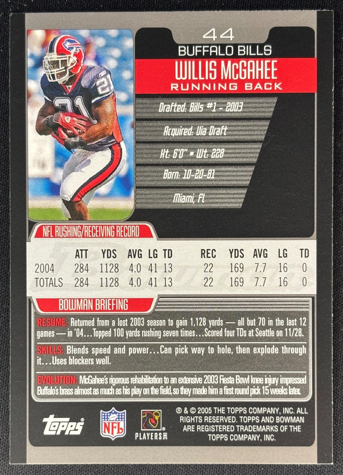 Willis McGahee 2005 Bowman Bills Sports Trading Cards