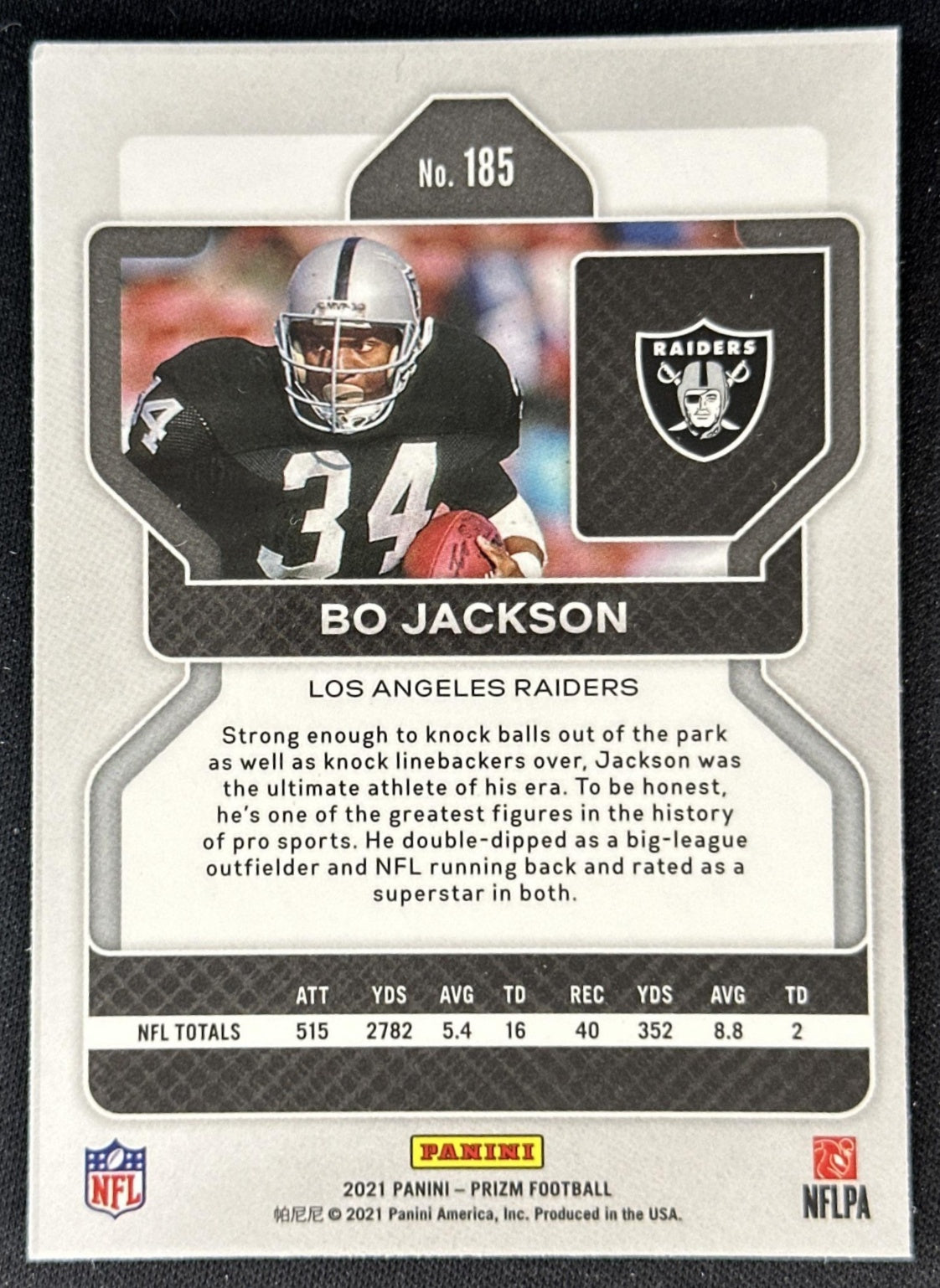 Bo Jackson 2021 Panini Prizm Raiders back