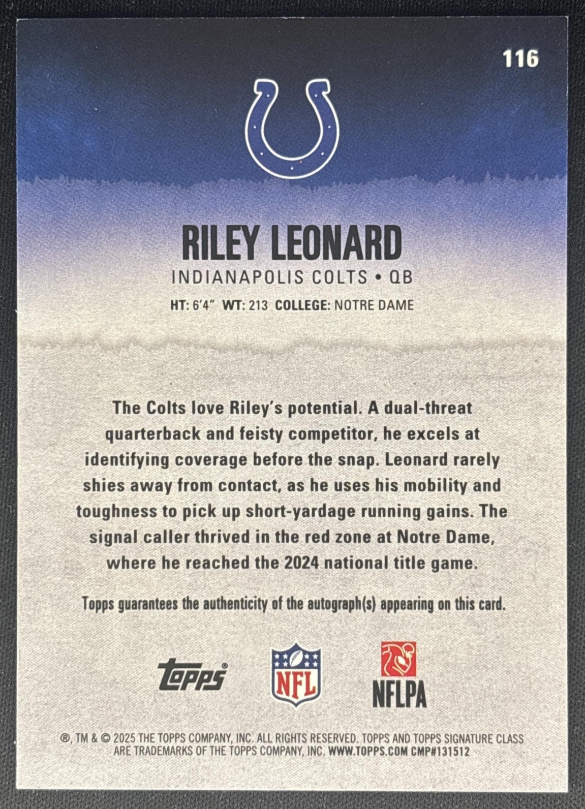 Riley Leonard 2025 Topps Signature Class Rookie Auto Green Foil /150 Colts Sports Trading Cards