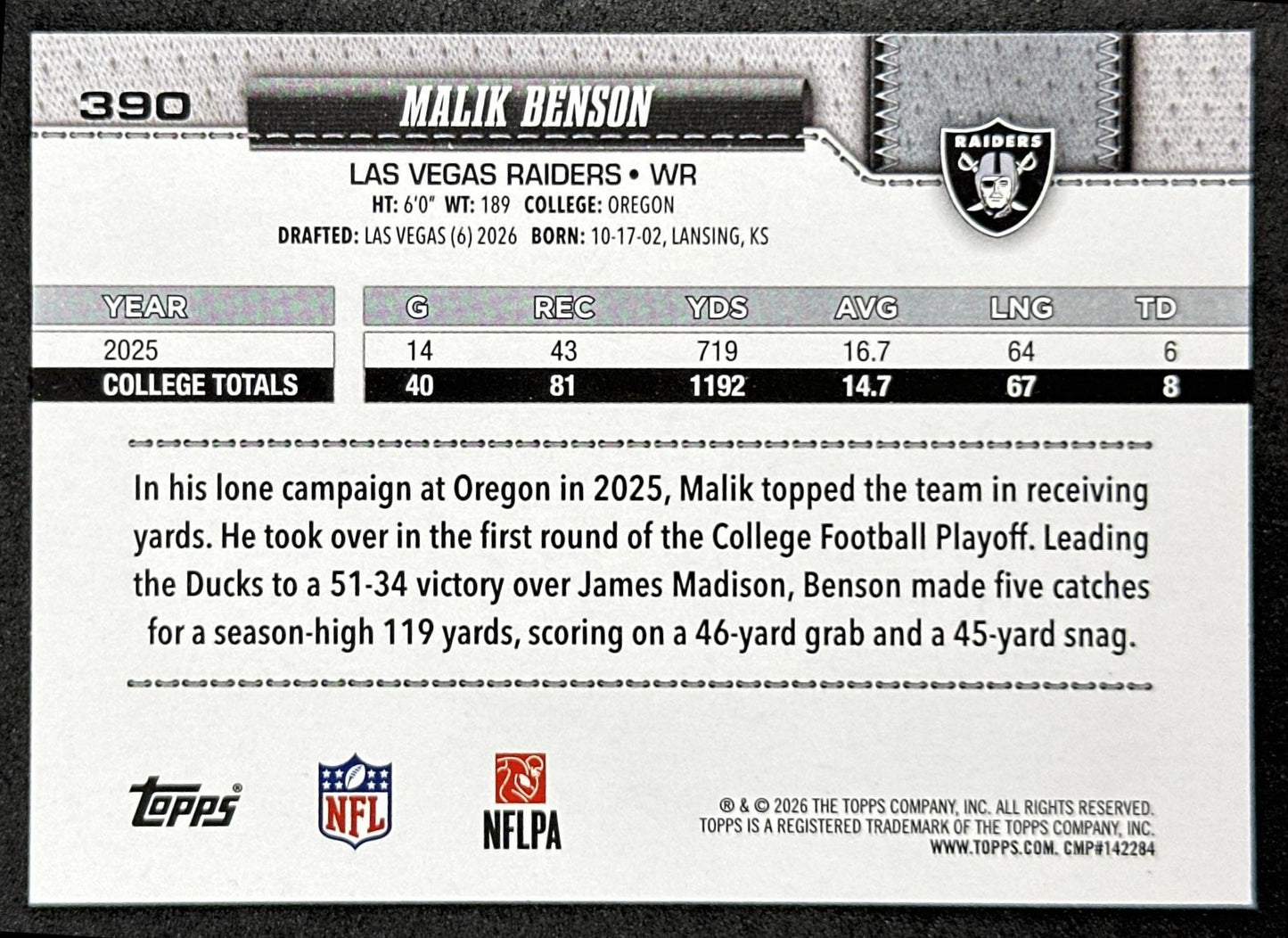 Malik Benson 2026 Topps Flagship Rookie Raiders Sports Trading Cards