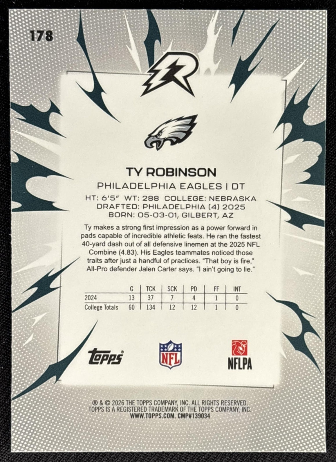 Ty Robinson 2025 Topps Resurgence Blue and Orange Spark Refractor Eagles